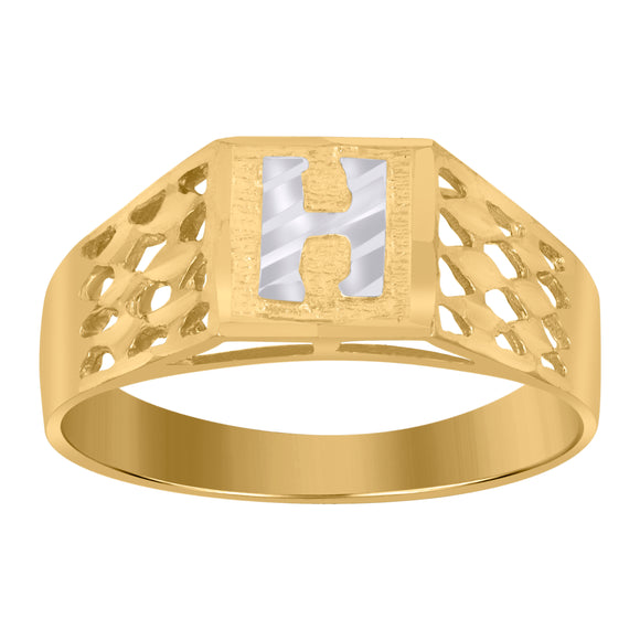 10kt Two-tone Gold Unisex Diamond-cut Textured Initial Letter H Band Ring