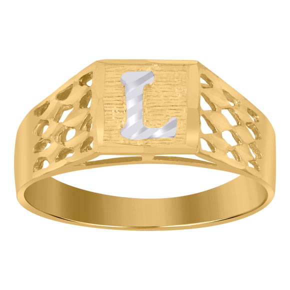 10kt Two-tone Gold Unisex Diamond-cut Textured Initial Letter L Band Ring