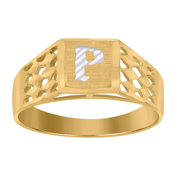 10kt Two-tone Gold Unisex Diamond-cut Textured Initial Letter P Band Ring