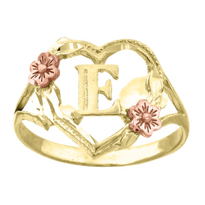 10kt Two-tone Gold Womens DC Textured Initial Letter E Heart Band Ring