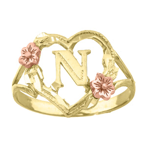 10kt Two-tone Gold Womens DC Textured Initial Letter N Heart Band Ring