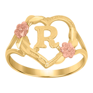 10kt Two-tone Gold Womens DC Textured Initial Letter R Heart Band Ring