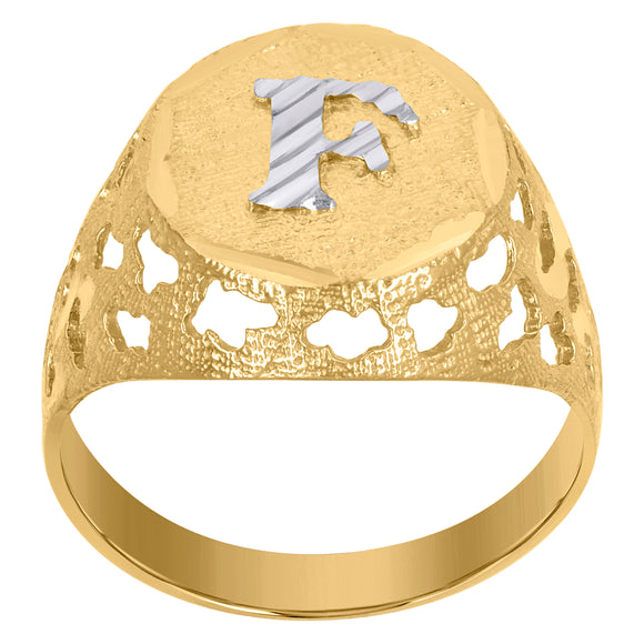 10kt Two-tone Gold Mens Diamond-cut Textured Initial Letter F Band Ring
