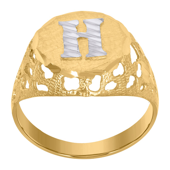 10kt Two-tone Gold Mens Diamond-cut Textured Initial Letter H Band Ring
