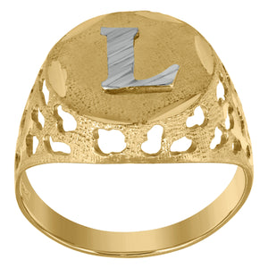 10kt Two-tone Gold Mens Diamond-cut Textured Initial Letter L Band Ring