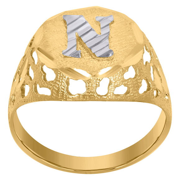 10kt Two-tone Gold Mens Diamond-cut Textured Initial Letter N Band Ring