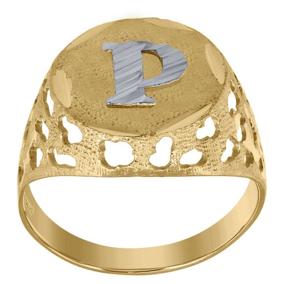 10kt Two-tone Gold Mens Diamond-cut Textured Initial Letter P Band Ring