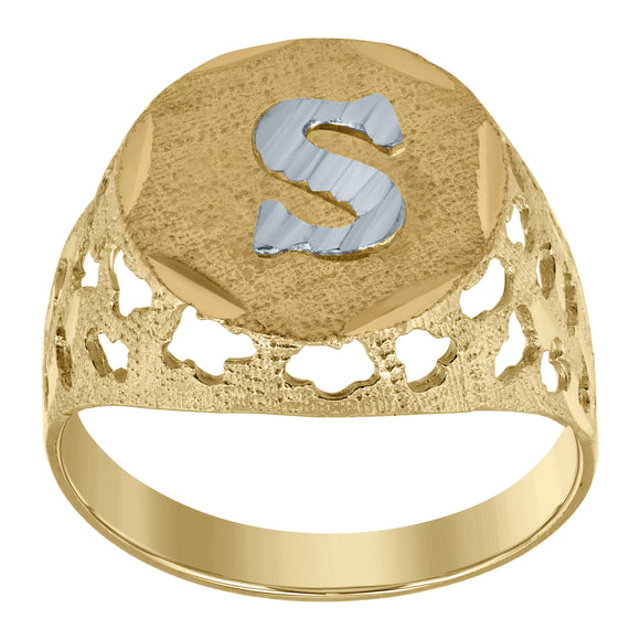 10kt Two-tone Gold Mens Diamond-cut Textured Initial Letter S Band Ring