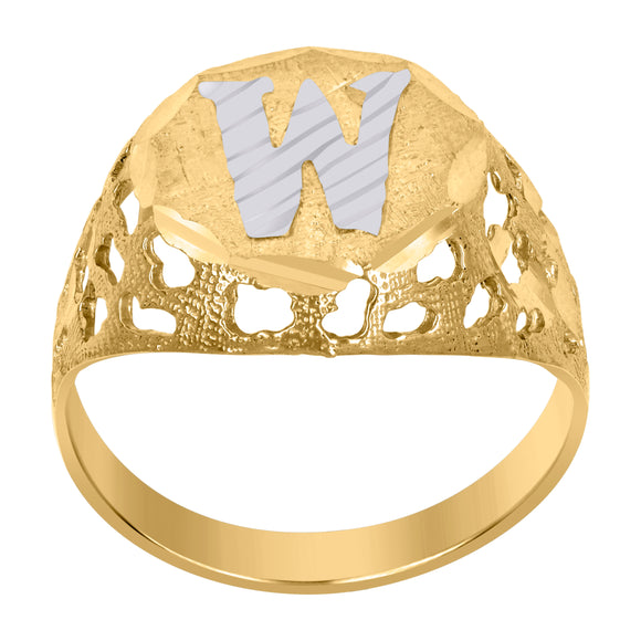 10kt Two-tone Gold Mens Diamond-cut Textured Initial Letter W Band Ring