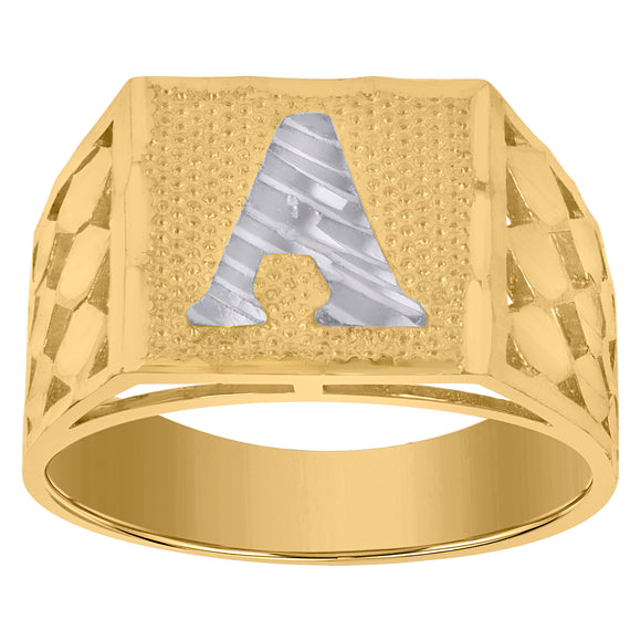 10kt Two-tone Gold Mens Diamond-cut Textured Initial Letter A Band Ring