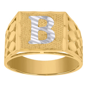 10kt Two-tone Gold Mens Diamond-cut Textured Initial Letter B Band Ring