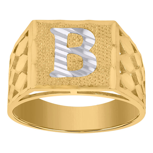 10kt Two-tone Gold Mens Diamond-cut Textured Initial Letter B Band Ring
