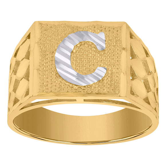 10kt Two-tone Gold Mens Diamond-cut Textured Initial Letter C Band Ring