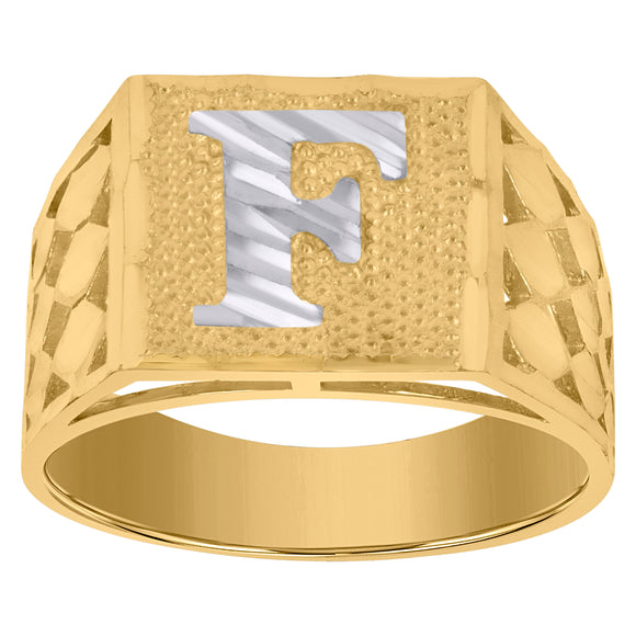 10kt Two-tone Gold Mens Diamond-cut Textured Initial Letter F Band Ring