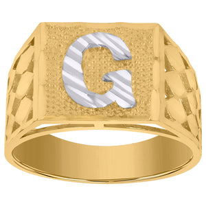 10kt Two-tone Gold Mens Diamond-cut Textured Initial Letter G Band Ring