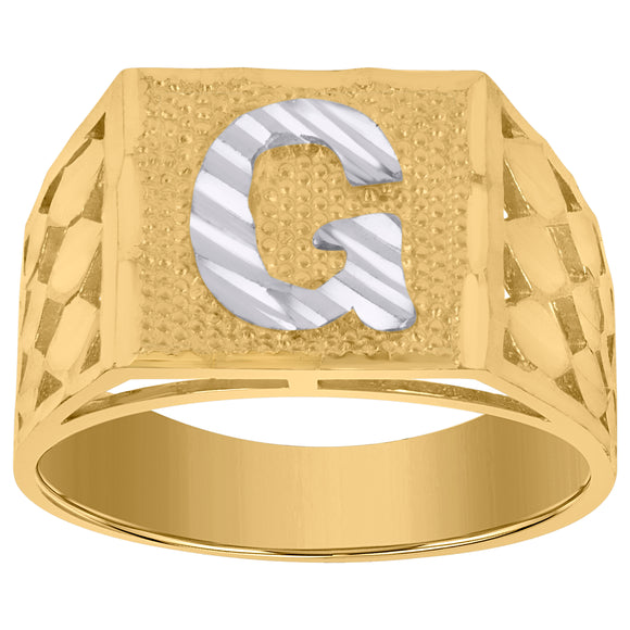 10kt Two-tone Gold Mens Diamond-cut Textured Initial Letter G Band Ring