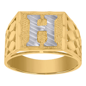 10kt Two-tone Gold Mens Diamond-cut Textured Initial Letter H Band Ring