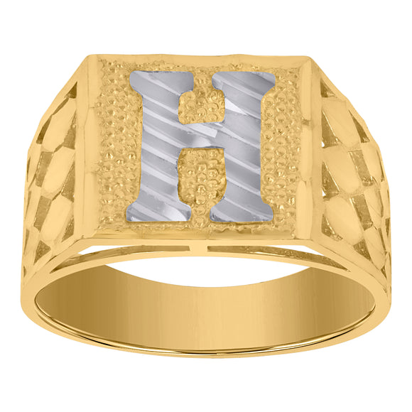 10kt Two-tone Gold Mens Diamond-cut Textured Initial Letter H Band Ring