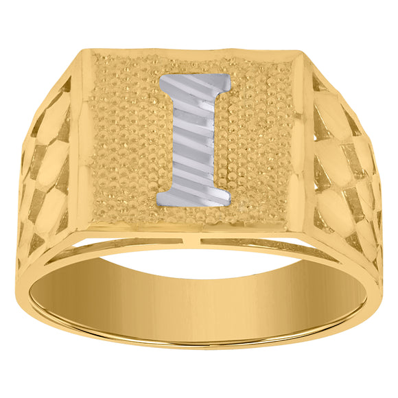 10kt Two-tone Gold Mens Diamond-cut Textured Initial Letter I Band Ring
