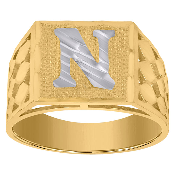 10kt Two-tone Gold Mens Diamond-cut Textured Initial Letter N Band Ring