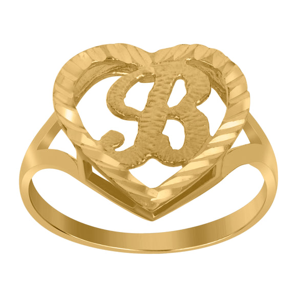 10kt Yellow Gold Womens Diamond-cut Textured Heart Initial Letter B Band Ring