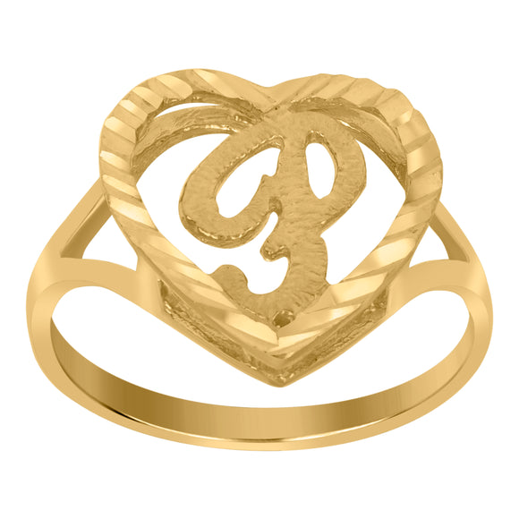10kt Yellow Gold Womens Diamond-cut Textured Heart Initial Letter P Band Ring