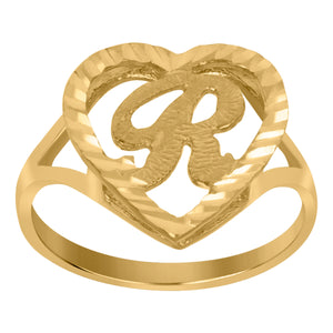 10kt Yellow Gold Womens Diamond-cut Textured Heart Initial Letter R Band Ring