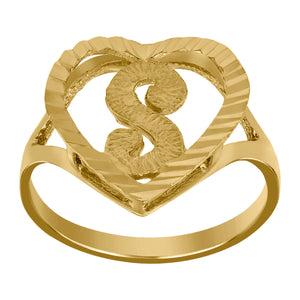 10kt Yellow Gold Womens Diamond-cut Textured Heart Initial Letter S Band Ring