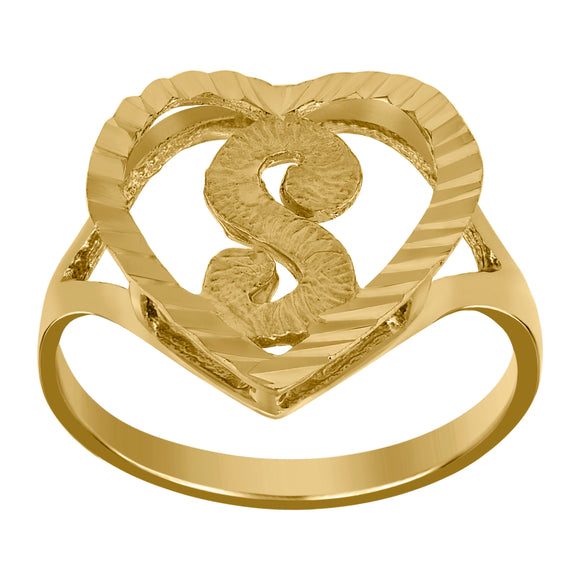 10kt Yellow Gold Womens Diamond-cut Textured Heart Initial Letter S Band Ring