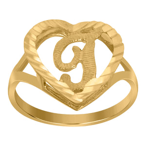 10kt Yellow Gold Womens Diamond-cut Textured Heart Initial Letter T Band Ring