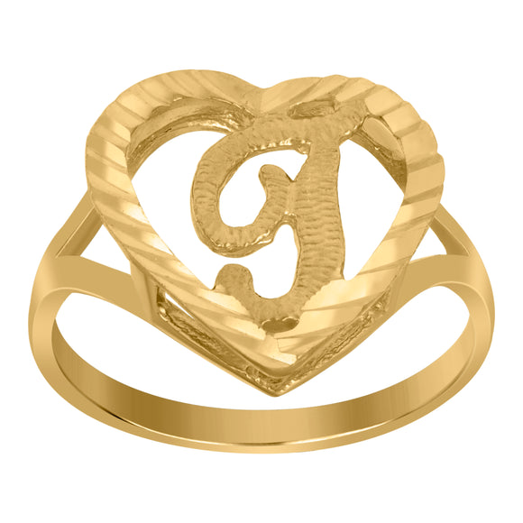 10kt Yellow Gold Womens Diamond-cut Textured Heart Initial Letter T Band Ring