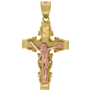 10kt Gold Two-tone Diamond-cut Unisex Cross Crucifix Ht:32.6mm x W:17mm Religious Charm Pendant