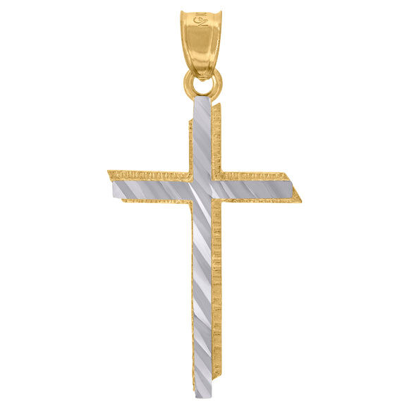 10kt Gold Two-tone Diamond-cut Unisex Cross Ht:35.3mm x W:17.8mm Religious Charm Pendant