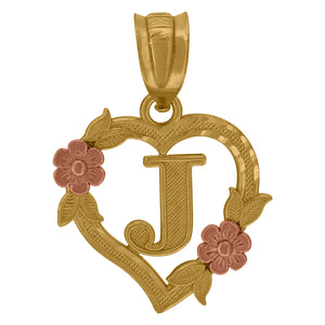 10kt Two-tone Gold Womens Heart Flower Initial Letter J Charm Pendant