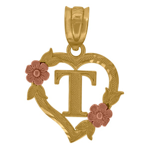 10kt Two-tone Gold Womens Heart Flower Initial Letter T Charm Pendant