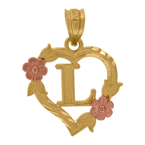 10kt Two-tone Gold Womens Heart Flower Initial Letter L Charm Pendant