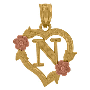 10kt Two-tone Gold Womens Heart Flower Initial Letter N Charm Pendant