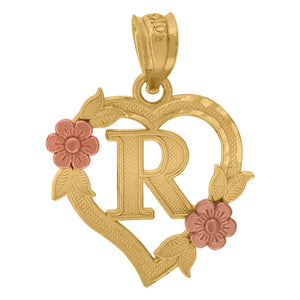 10kt Two-tone Gold Womens Heart Flower Initial Letter R Charm Pendant