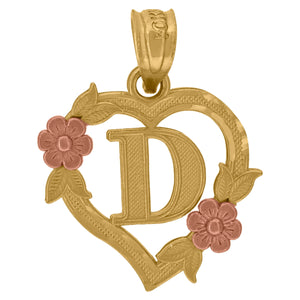10kt Two-tone Gold Womens Heart Flower Initial Letter D Charm Pendant