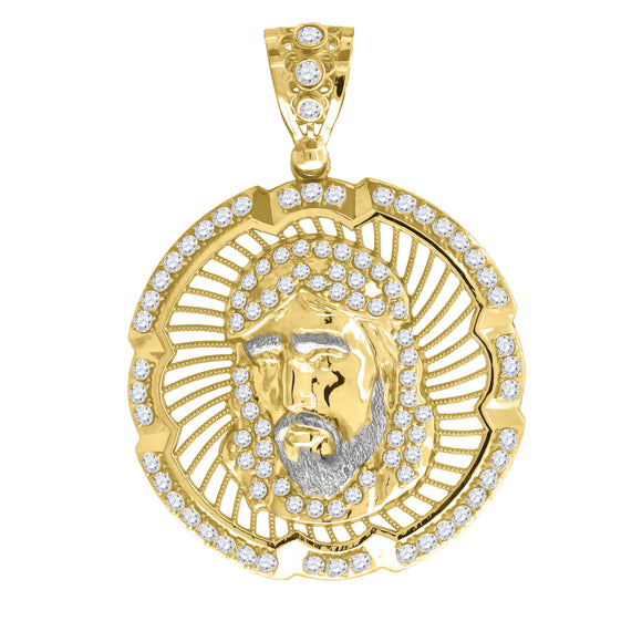 10KT Two-Tone Gold Mens Cubic Zirconia Jesus Medallion Religious Charm Pendant