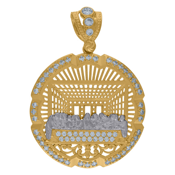 10KT Two-Tone Gold Mens Cubic Zirconia Last Supper Medallion Religious Charm Pendant