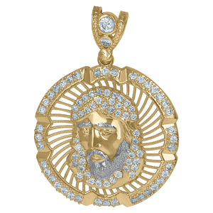 10KT Two-Tone Gold Mens Cubic Zirconia Jesus Medallion Religious Charm Pendant