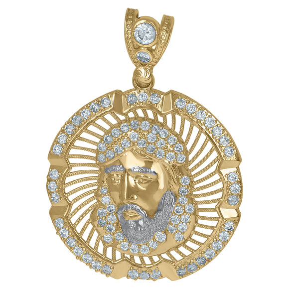 10KT Two-Tone Gold Mens Cubic Zirconia Jesus Medallion Religious Charm Pendant