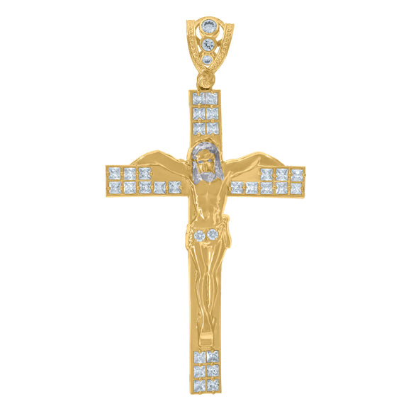 10KT Yellow Gold Mens Cubic Zirconia Cross Crucifix Religious Charm Pendant