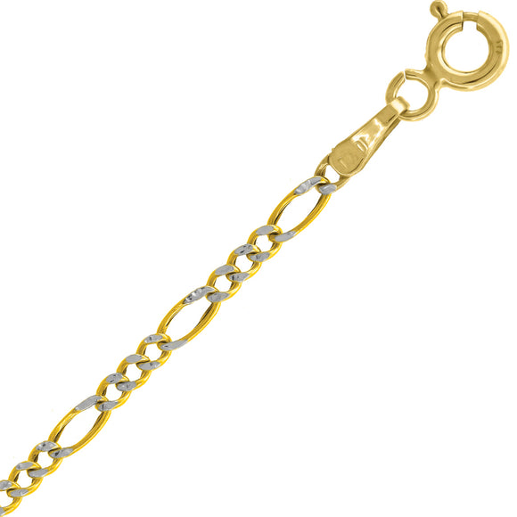 10kt Two-tone Gold Mens Hollow Figaro Pave Anklet 1.9mm 10 inches