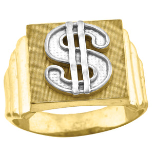 10kt Two-tone Gold Mens Textured Dollar Sign Signet Ring