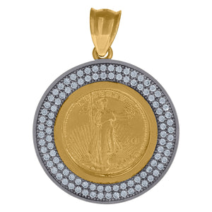 10kt Gold Two-tone Cubic-zirconia Mens Lady Liberty Ht:34.7mm x W:24.9mm Medallion Charm Pendant