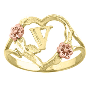 10kt Two-tone Gold Womens DC Textured Initial Letter V Heart Band Ring