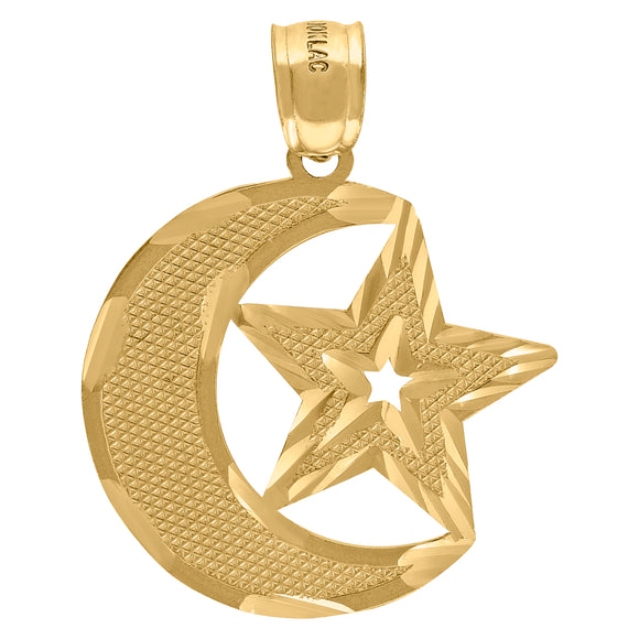 10KT Yellow Gold Mens Moon & Star Celestial Religious Charm Pendant