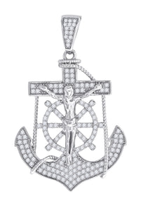 925 Sterling Silver Mens Cubic Zirconia Religious Anchor Crucifix Charm Pendant